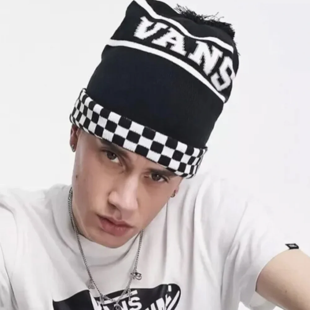 Vans WM Spirit Pom Black Checker Beanie Skateboarding Hat Women Men VN0A5LG3BLK
